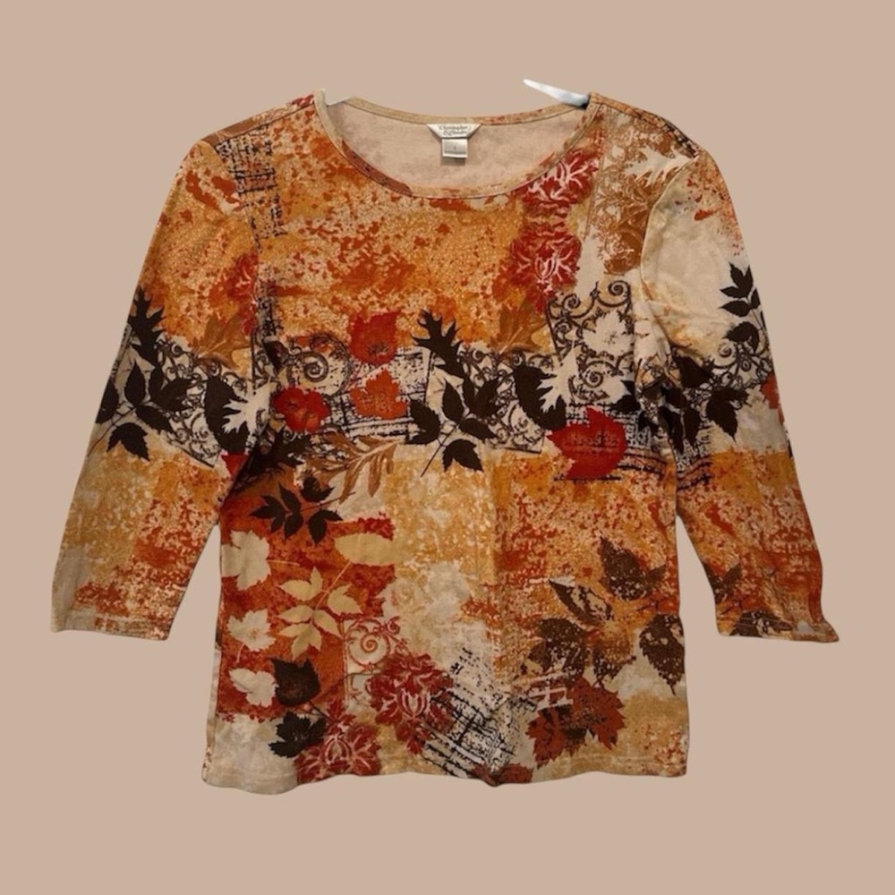 Christopher & Banks Orange Brown Graphic 3/4 Sleeve Blouse
